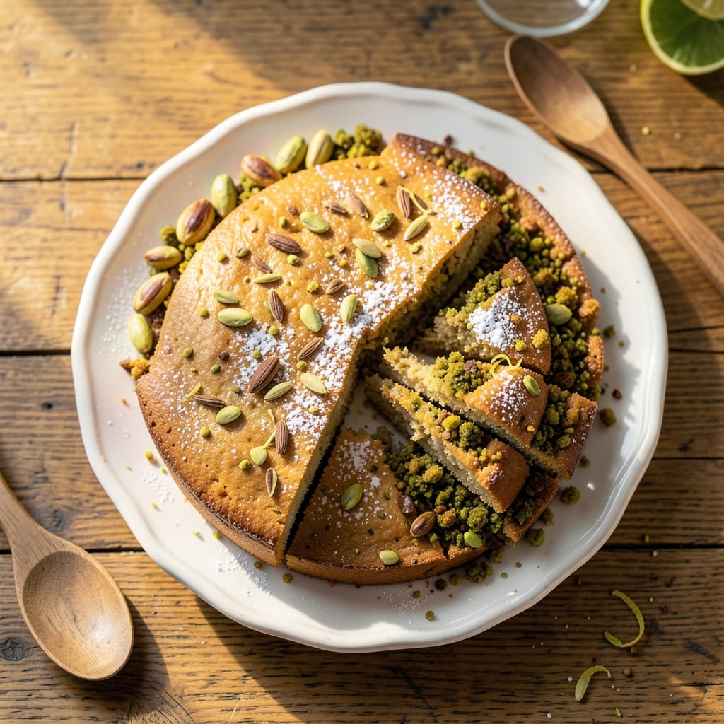 Almond Cake with Cardamom and Pistachio Recipe: Fragrant Floral Notes and Crunchy Nut Topping