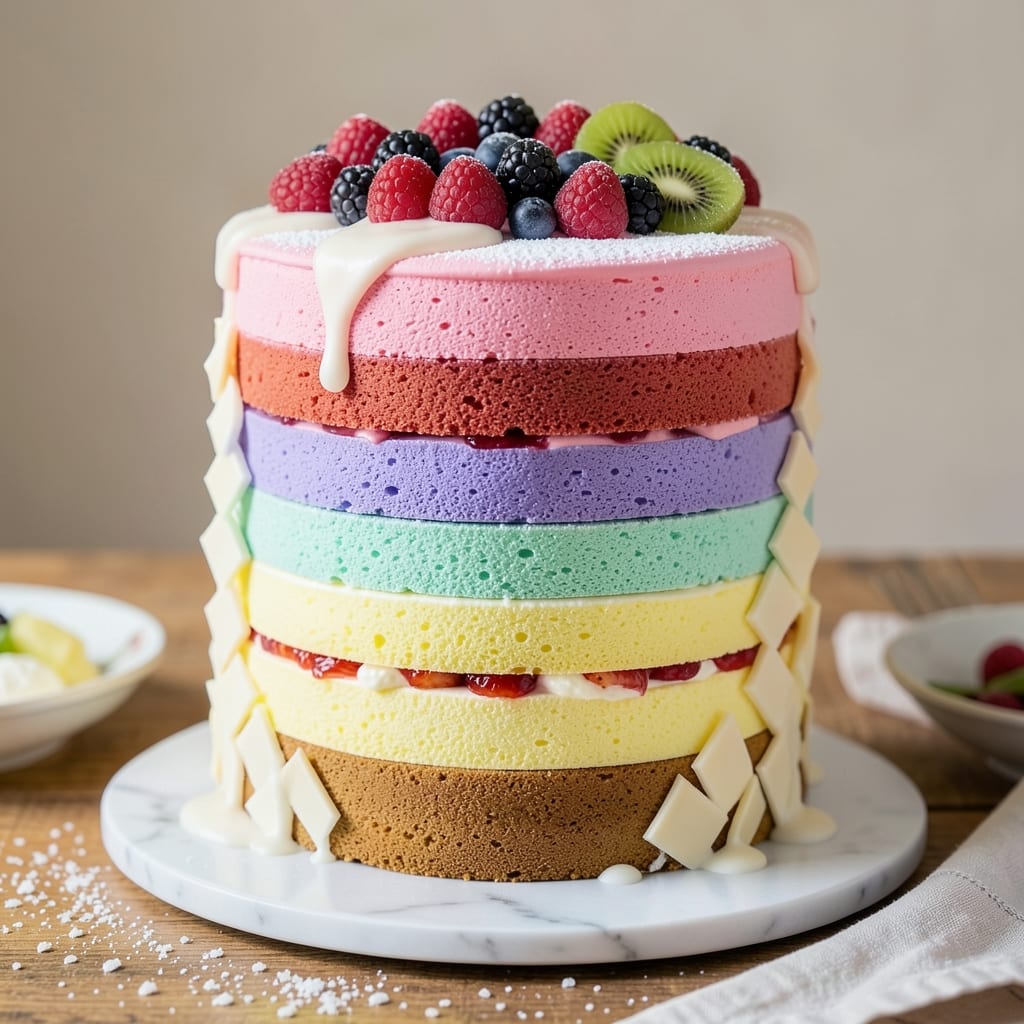 6 Layer Rainbow Cake Recipe: Vibrant Colors and Edible Fondant Bridges