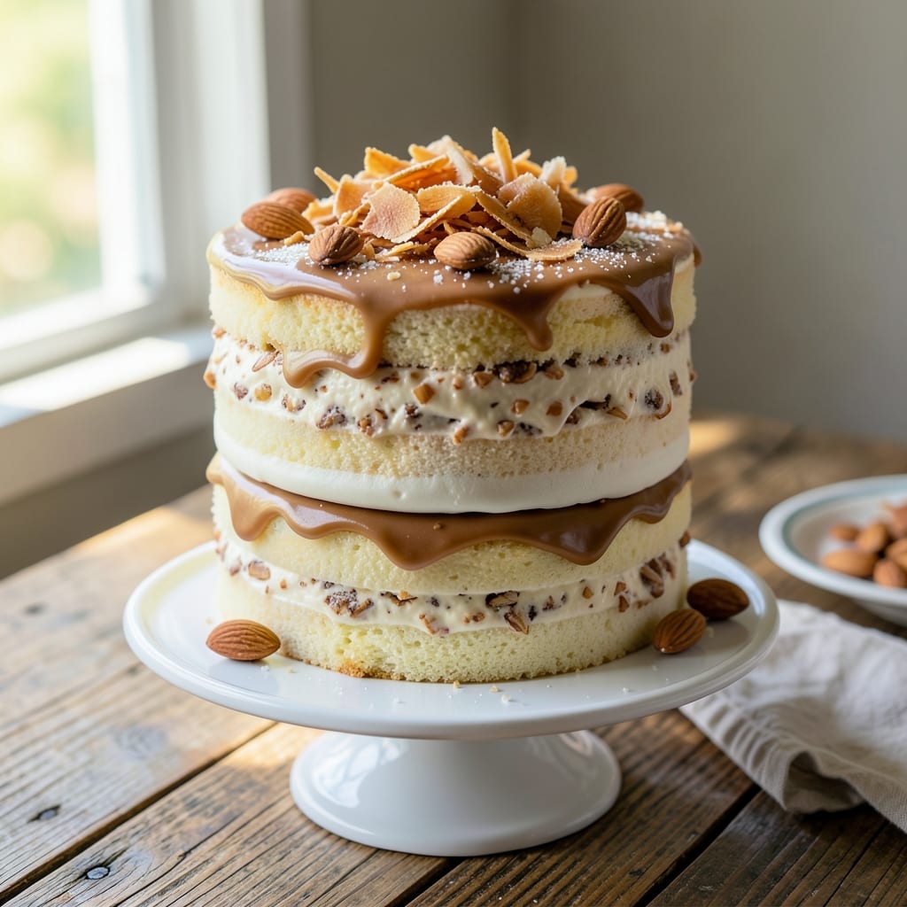 Almond Joy Layer Cake Recipe: Tropical Swirls and Buttery Crispness Stacked High