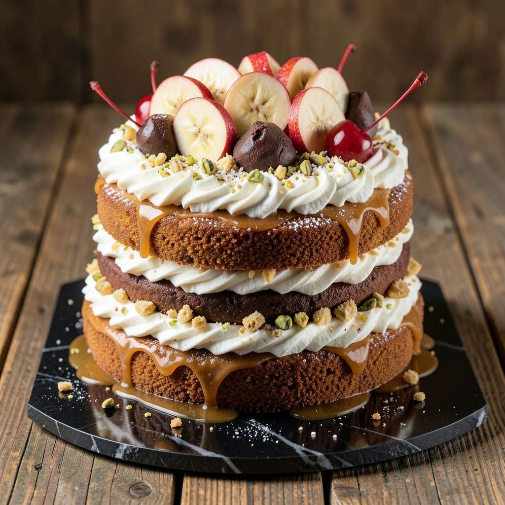 3 Layer Banana Split Cake Recipe: Swirled Ice Cream and Fruit Topped Layers